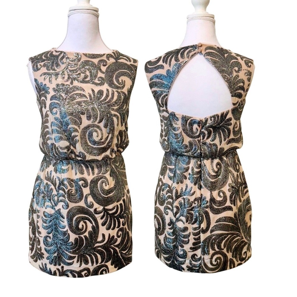 Adrianna Papell Formal Mini Dress Sequin Nude Silver Cocktail Sz 2